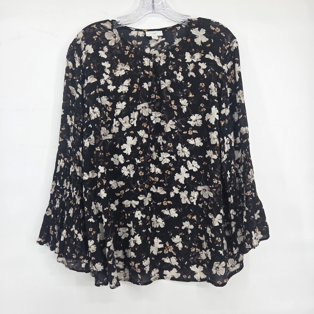 J. Jill Floral Blouse Large Black Rayon Pleated Bell Sleeve Boho Cottagecore
